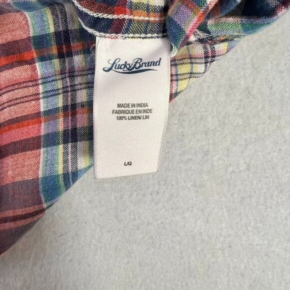 Lucky Brand Shirt Men's Size Large Red Blue Linen Plaid Short Sleeve Button Down - Picture 7 of 11